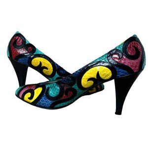 Vintage Hana Mackler 8M Multicolor Snakeskin Leather Pumps Slip-On Abstract Y2K